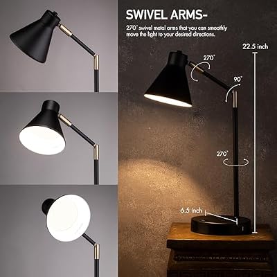 O'Bright Astrum - LED Desk Lamp with Dual USB Charging Ports, 100% Metal, 270 Degree Swivel Arms, Soft White Light (3000K), Bedside & Home Office Table Lamp, ETL Listed, Black - image 3 of 4