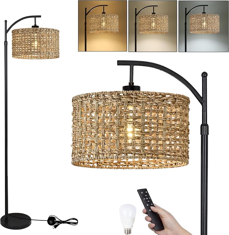 Arc Floor Lamp for Living Room with Remote Control,Farmhouse Boho Floor Lamps with 3 Color Temperature,Rustic Standing Lamp with Rattan Wicker Shades,Adjustable Tall Lamp for Bedroom,Office,Reading - Floor Lamps, product photo on a white background