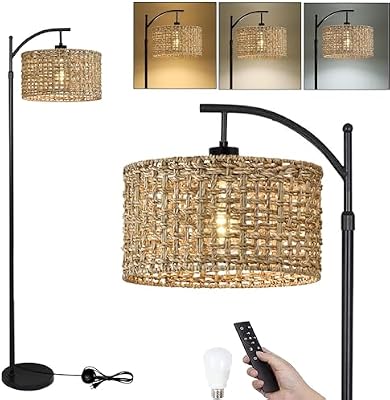 Arc Floor Lamp for Living Room with Remote Control,Farmhouse Boho Floor Lamps with 3 Color Temperature,Rustic Standing Lamp with Rattan Wicker Shades,Adjustable Tall Lamp for Bedroom,Office,Reading - image 2 of 4