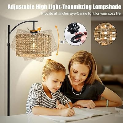 Arc Floor Lamp for Living Room with Remote Control,Farmhouse Boho Floor Lamps with 3 Color Temperature,Rustic Standing Lamp with Rattan Wicker Shades,Adjustable Tall Lamp for Bedroom,Office,Reading - image 3 of 4