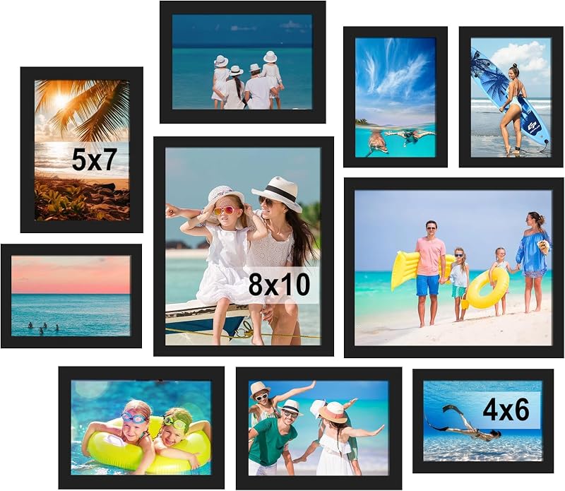 BESCRCL 10 Pack Picture Frames Collage Wall Decor, Gallery Wall Frame Set for Tabletop or Wall Mounting Display, Multi Size with Two 8x10, Four 5x7, and Four 4x6 Photo Frames, Black - Wall Art, product photo on a white background
