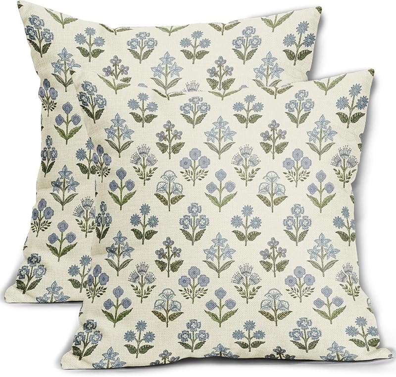 Blue Green Block Print Pillow Covers 18x18 Inch Set of 2, Vintage Floral Spring Decorative Throw Pillow Cases Boho Cushion Covers Rustic Decoration Gift Farmhouse Sofa Couch Bed Decor - Vases & Objects, product photo on a white background