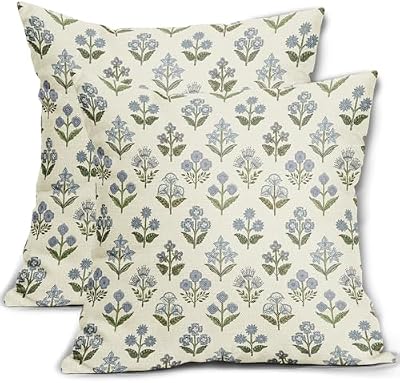 Blue Green Block Print Pillow Covers 18x18 Inch Set of 2, Vintage Floral Spring Decorative Throw Pillow Cases Boho Cushion Covers Rustic Decoration Gift Farmhouse Sofa Couch Bed Decor - image 2 of 4