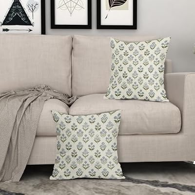 Blue Green Block Print Pillow Covers 18x18 Inch Set of 2, Vintage Floral Spring Decorative Throw Pillow Cases Boho Cushion Covers Rustic Decoration Gift Farmhouse Sofa Couch Bed Decor - image 4 of 4