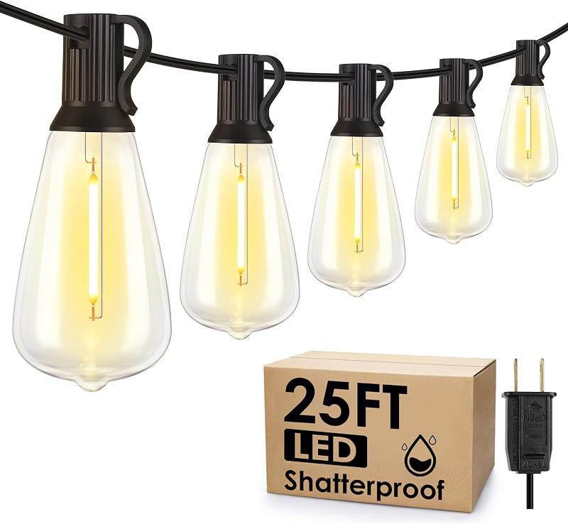 Larkvue 25FT Outdoor String Lights, Patio Lights with 10+1 LED Dimmable Waterproof Shatterproof ST38 Retro Edison 2700K Bulbs for Balcony Yard, Black - String & Accent Lighting, product photo on a white background