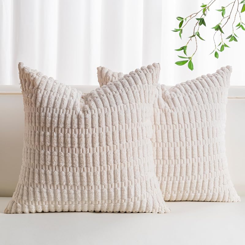 Pack of 2 Corduroy Decorative Throw Pillow Covers 18x18 Inch, Cream White - Vases & Objects, product photo on a white background