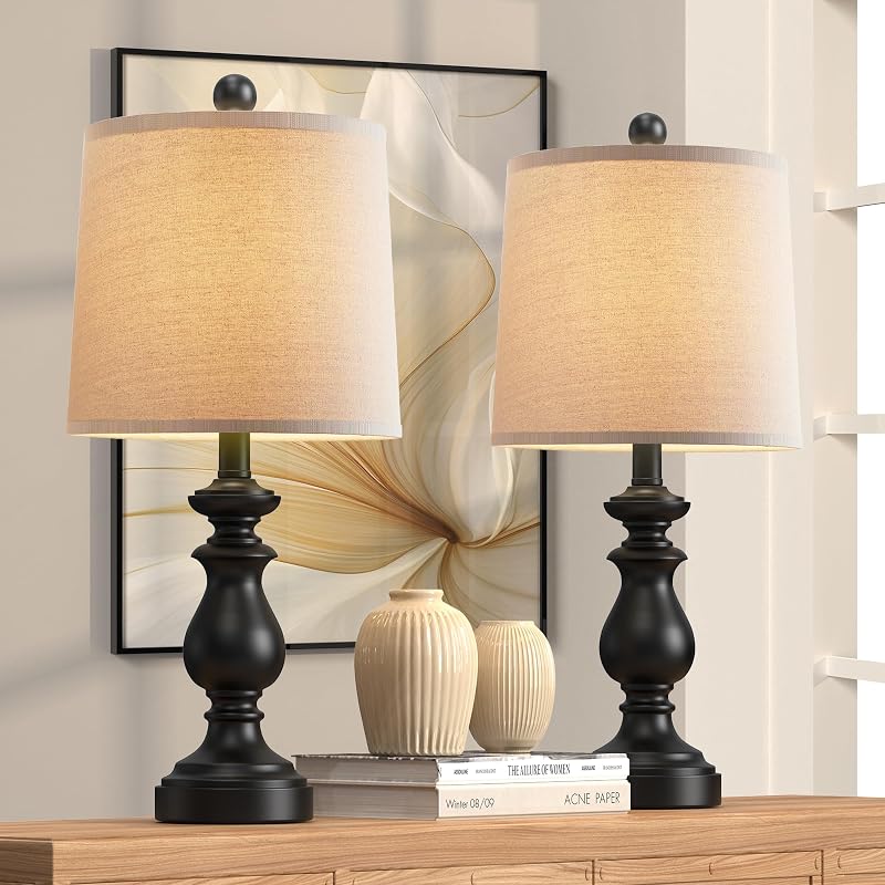 PARTPHONER Traditional Table Lamp Set of 2, Rustic Farmhouse Table Lamps for Living Room Bedroom, 22" Bedside Desk Lamps Vintage Nightstand Lamps with Linen Shades, Black - Table Lamps, product photo on a white background