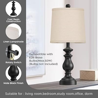 PARTPHONER Traditional Table Lamp Set of 2, Rustic Farmhouse Table Lamps for Living Room Bedroom, 22" Bedside Desk Lamps Vintage Nightstand Lamps with Linen Shades, Black - image 4 of 4