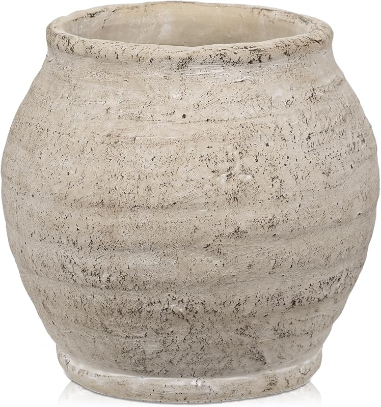 Briful Rustic Vintage Ceramic Pottery Vase, 6.1'' Farmhouse Table Decor with Distressed Texture, Wide Mouth Decorative Jar Vases for Home Decor, Shelf & Entryway, Cream White - Vases & Objects, product photo on a white background
