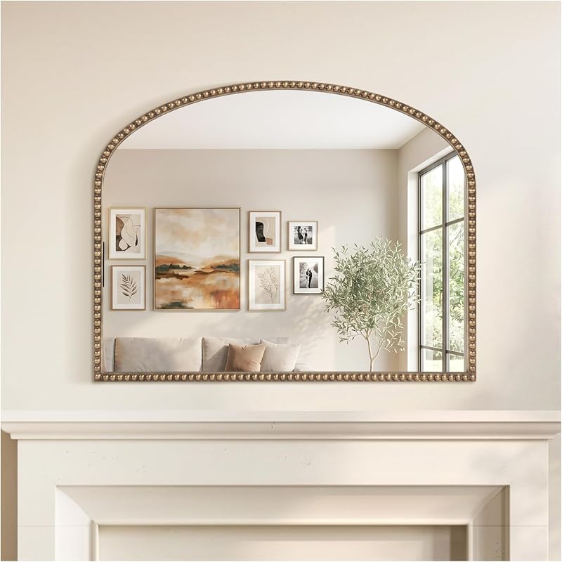 Antique Gold Arched Wall Mirror, 36" x 28" Beaded Mirror - Mirrors, product photo on a white background