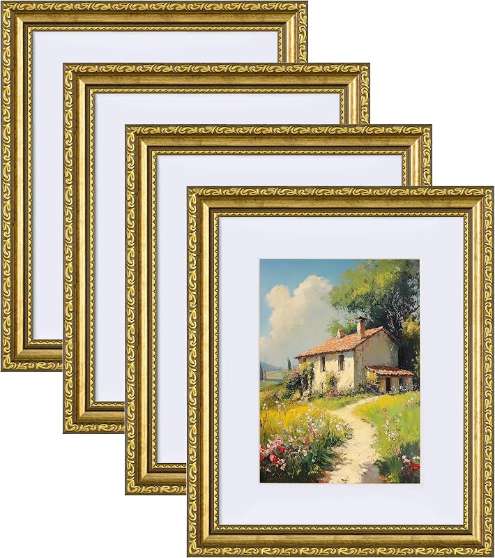 eletecpro 8x10 Vintage Picture Frame, Glass Cover, Gold, 4-Pack - Wall Art, product photo on a white background