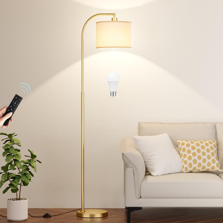 Ambimall Arc Floor Lamp with Remote and Stepless Dimmable Bulb, Colors Temperature & Brightness Adjustable, Gold Floor Lamps for Living Room(Deep Beige Shade & Gold Pole) - Floor Lamps, product photo on a white background