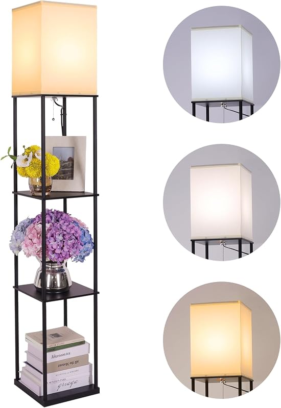 Gupuzm Floor Lamp with Shelves, Modern Square Standing Lamp with 3 Color Temperature Bulb, Corner Display Bookshelf Lamp for Living Room, Bedroom and Office (Black) - Floor Lamps, product photo on a white background