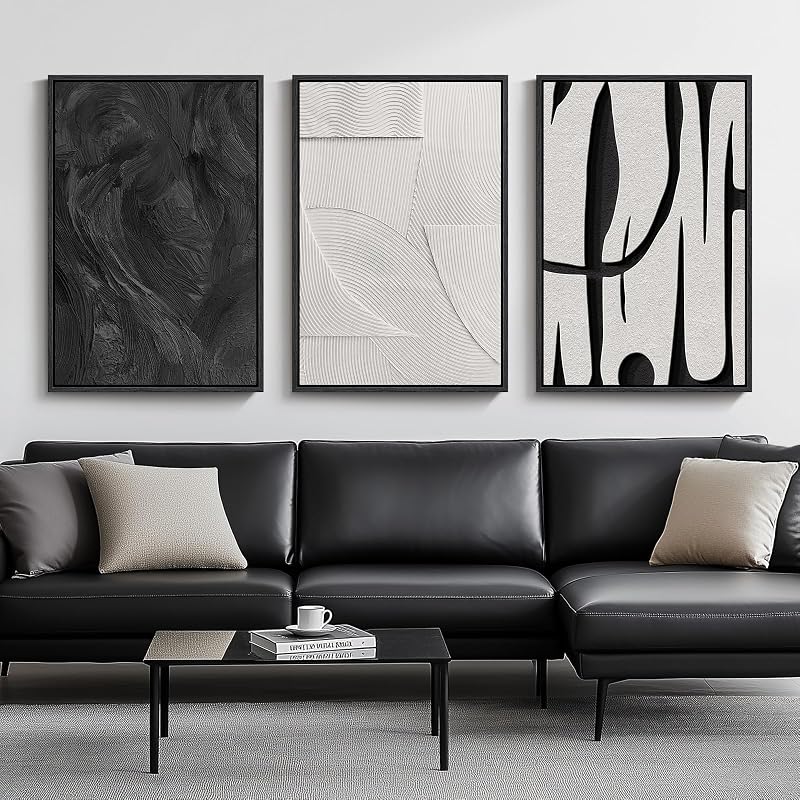Framed Black and White Abstract Wall Art for Living Room, 3 Piece 24x36 In - Wall Art, product photo on a white background