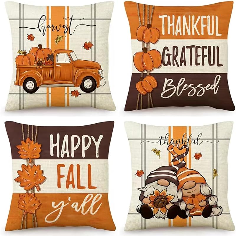 PSDWETS Throw Pillow Covers 18x18 Set of 4 for Fall Decor,Fall Decorations Maple Leaves Pumpkin Farmhouse Autumn Thanksgiving Cushion Cover for Home Sofa Couch - Vases & Objects, product photo on a white background
