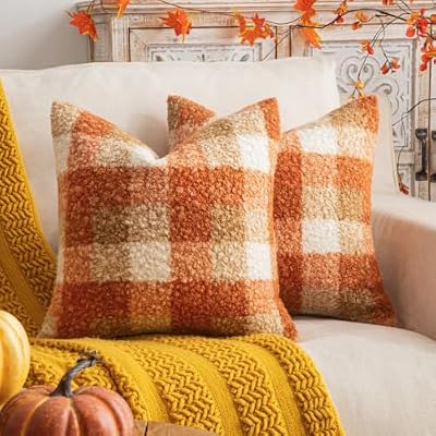 AQOTHES Plaid Fall Throw Pillow Covers Orange 18x18 Inch Set of 2 - image 2 of 4