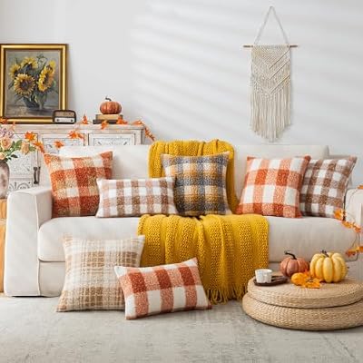 AQOTHES Plaid Fall Throw Pillow Covers Orange 18x18 Inch Set of 2 - image 3 of 4