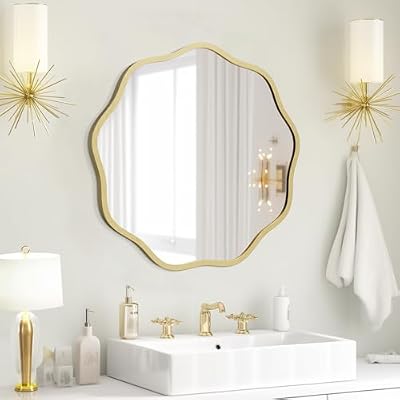 WallBeyond Round Wavy Mirror for Wall Decorative 20 inch, Modern Round Mirror Aluminum Frame for Bathroom Bedroom Living Room Home House Office Entryway, Gold - image 2 of 4