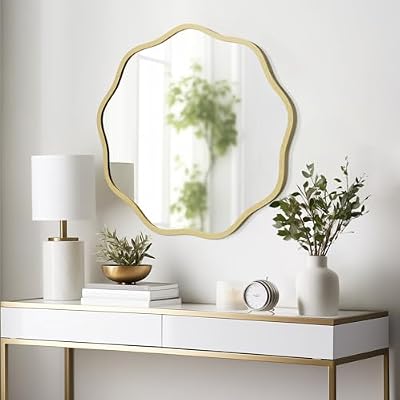 WallBeyond Round Wavy Mirror for Wall Decorative 20 inch, Modern Round Mirror Aluminum Frame for Bathroom Bedroom Living Room Home House Office Entryway, Gold - image 4 of 4