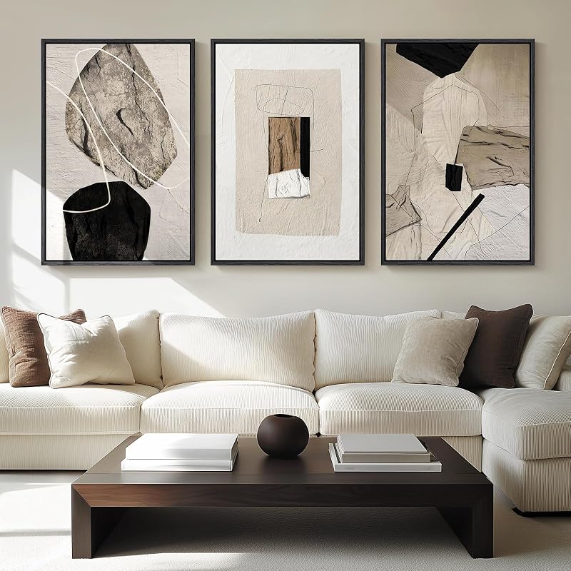 Large Framed Neutral Abstract Wall Art for Living Room,Set of 3, 24x36 In - Wall Art, product photo on a white background