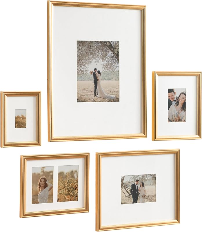 Kate and Laurel Adlynn Traditional Picture Frame Set, Set of 5, Varying Sizes, Vintage Gold, Classic Wall Frame Set Collection with Hanging Template for Gallery Wall Picture Frame Display - Wall Art, product photo on a white background
