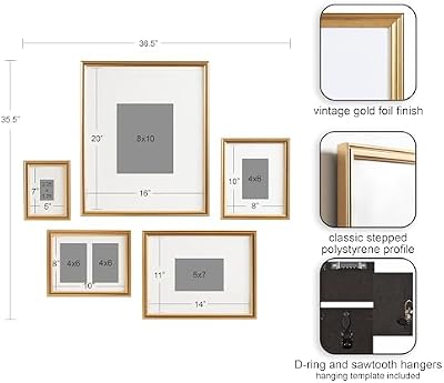 Kate and Laurel Adlynn Traditional Picture Frame Set, Set of 5, Varying Sizes, Vintage Gold, Classic Wall Frame Set Collection with Hanging Template for Gallery Wall Picture Frame Display - image 3 of 4