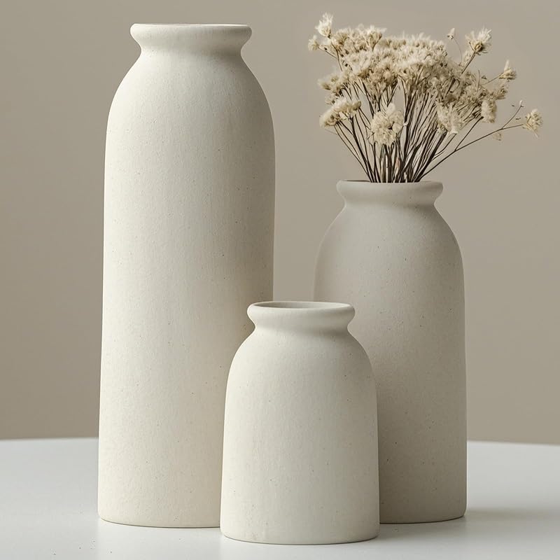 Ceramic Vase Set-3, Small Flower Vases for Decor, Modern Boho Farmhouse Style, Decorative Vases for Pampas Grass & Dried Flowers, Distressed Finish (Beige) - Vases & Objects, product photo on a white background