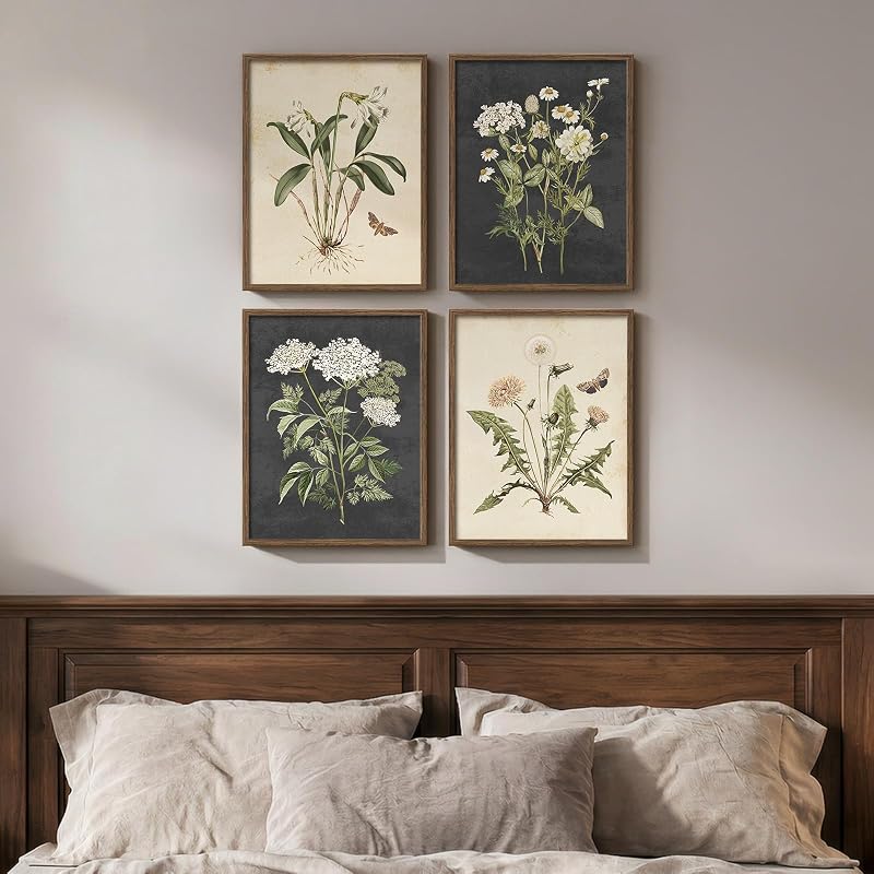 Framed Vintage Botanical Floral Wall Art for Bedroom, 4 Piece 11x14 In - Wall Art, product photo on a white background