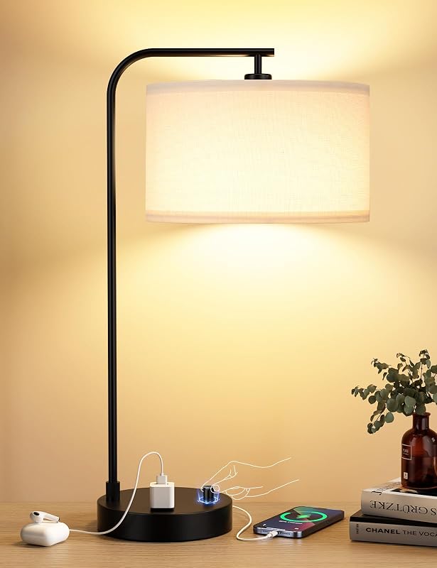 20.7" Tall Table Lamp with USB & Outlet, Fully Dimmable Nightstand Lamp - Table Lamps, product photo on a white background