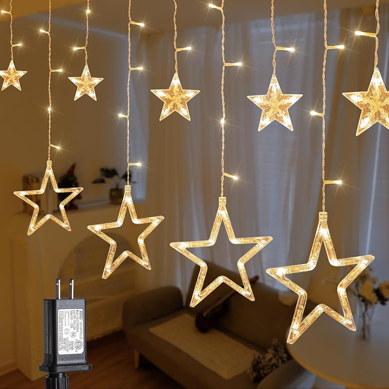 8.2FT 126L Warm White Christmas Star Icicle Curtain Lights Indoor - String & Accent Lighting, product photo on a white background