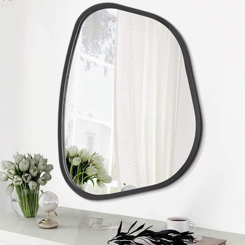 Asymmetrical Mirror for Wall Irregular Oval Wood Frame Modern Unique Accent Wall Mirror Decorative Vanity Bathroom Living Room Bedroom Entryway Hallway Artistic Wavy Mirror Small 14"x10" - Mirrors, product photo on a white background