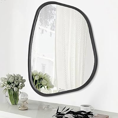 Asymmetrical Mirror for Wall Irregular Oval Wood Frame Modern Unique Accent Wall Mirror Decorative Vanity Bathroom Living Room Bedroom Entryway Hallway Artistic Wavy Mirror Small 14"x10" - image 2 of 4