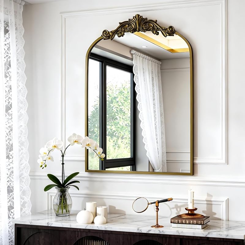 Dewfig Vintage Arched Wall Mirror, 30"x22" Bronze Antique Bathroom Mirror - Mirrors, product photo on a white background