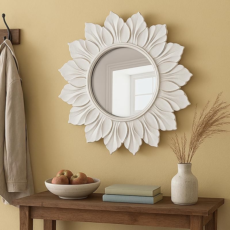 Sunflower Sunburst Wall Mirror, 22" Distressed White Wooden Frame - Mirrors, product photo on a white background