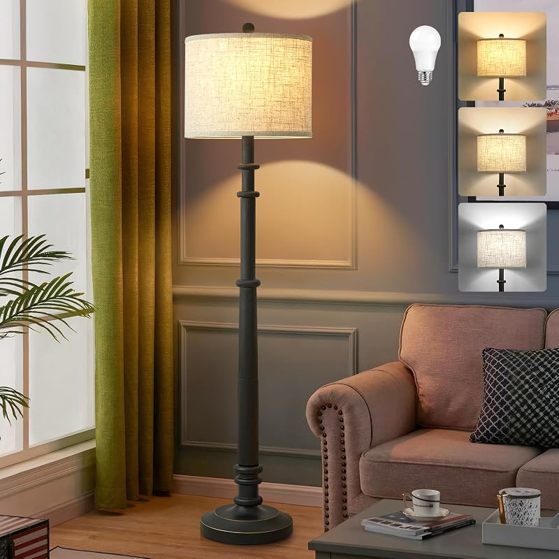 EJIAXIN Floor Lamps for Living Room - 60" Farmhouse Floor Lamp with Adjustable Color Temperatures - Vintage Standing Lamp Reading Light with Linen Shade Retro Tall Lamp for Bedroom Office, Black - Floor Lamps, product photo on a white background