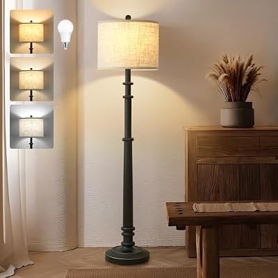 EJIAXIN Floor Lamps for Living Room - 60" Farmhouse Floor Lamp with Adjustable Color Temperatures - Vintage Standing Lamp Reading Light with Linen Shade Retro Tall Lamp for Bedroom Office, Black - image 3 of 4