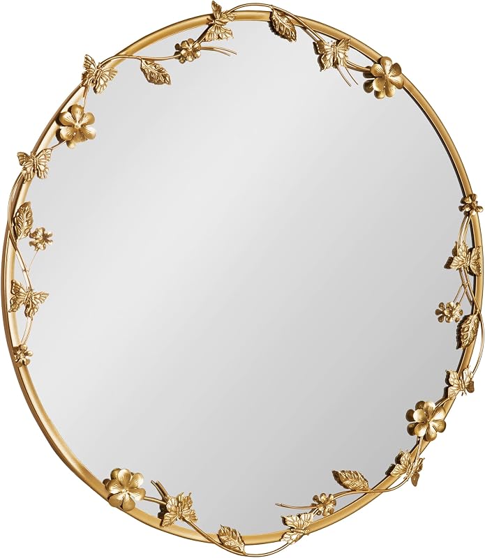 Kate and Laurel Rosella Modern Ornate Round Wall Mirror, 26 Inch Diameter, Gold, Circle Mirror with Floral Detailing for Use as Bathroom Mirror for Over Sink or Cute Dorm Room Decor - Mirrors, product photo on a white background