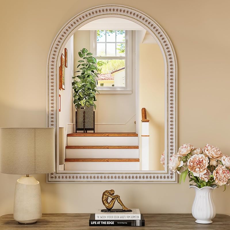 Boho Mirror for Wall, 22" x 30" Farmhouse Arched Rustic Wooden Frame Mirror with Beaded, Arch Decorative Wall Mirrors for Bathroom, Vanity, Living Room, Entryway - Mirrors, product photo on a white background