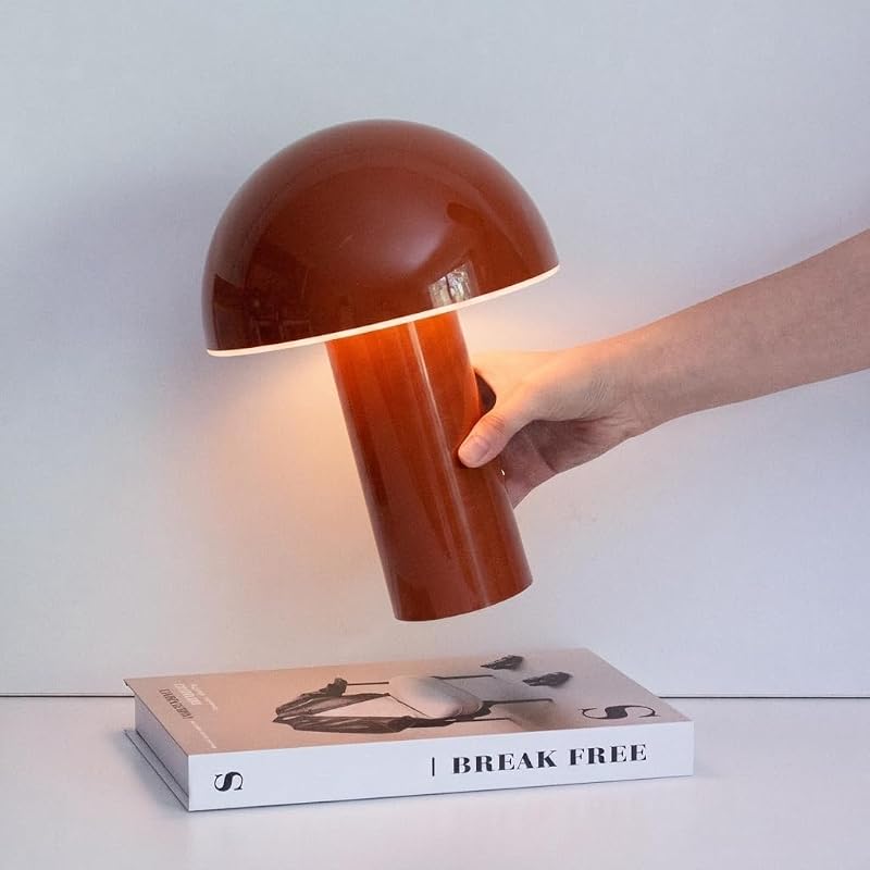 Brightech Celia Table Lamp – 10" Touch-Controlled Mushroom Accent Lamp, Cordless & Dimmable LED, Portable & Rechargeable Bedside Night Light, Sustainable Recycled Modern Patio Lamp for Home Décor, Red - Table Lamps, product photo on a white background