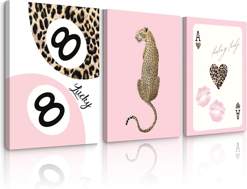 Cheetah Trendy Wall Art Preppy Leopard Canvas Print Cheetah Room Wall Decor 8 Ball Poster Y2k Pink Coquette Luxury Print Lucky Aesthetic Fashion Pictures for Bedroom 12x16x3 Inch Wrapped Canvas - Wall Art, product photo on a white background