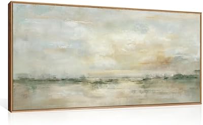 LHIUEM Large Abstract Green Gray Pastel Framed Canvas Wall Art,Neutral Landscape Wall Decor,Modern Watercolor Lake Artwork,Beige Textured Illustrations Art for Living Room,Bedroom,Office- 20"x40"x1 - image 2 of 4