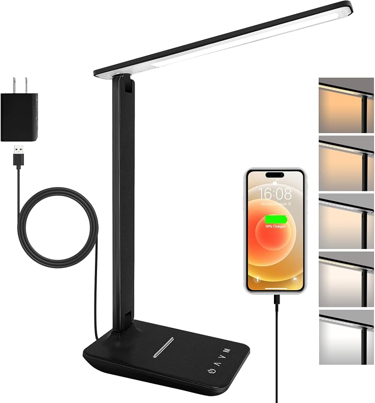 shinelife LED Desk Lamp for Office Home, Bright Desk Light with USB Charging Port, Adjustable Dimmable Desk Lamps 5 Modes 5 Brightness, Touch Study Lamp for Nail, Craft, Puzzle, Sewing, Study, Black - Table Lamps, product photo on a white background