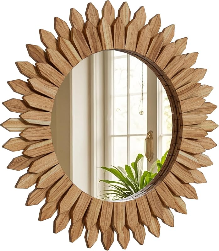 24" Round Sunburst Wooden Mirror Boho Rustic Wall Decor - Mirrors, product photo on a white background