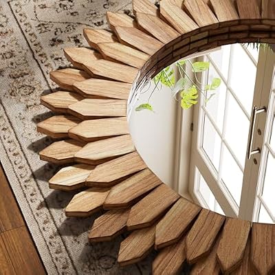 24" Round Sunburst Wooden Mirror Boho Rustic Wall Decor - image 4 of 4