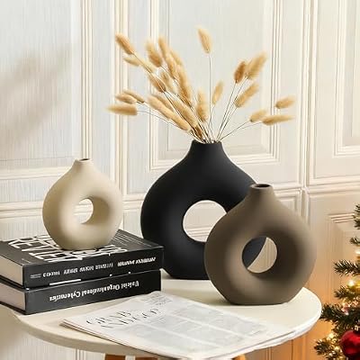Vanselia Ceramic Vase Home Table Decor - Flower Vases Set of 3 Small Living Room Centerpiece Decorations for Shelf Bedroom Office Kitchen Dining Desk Modern Aesthetic Farmhouse Decorative (Classic) - image 4 of 4
