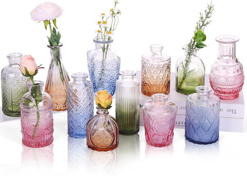CUCUMI 12pcs Bud Vases for Centerpieces, Colorful Vintage Glass Vase Set - Vases & Objects, product photo on a white background