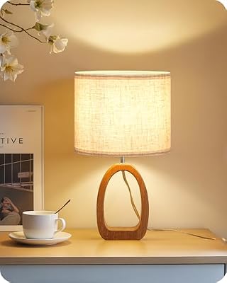 Small Table Lamp, 14.2" Cute Little Desk Lamp, Wood Bedside Lamp with Linen Lampshade, Modern Nightstand Lamp for Bedroom, E26 Base, Bulb Not Included, Beige and Dark Natural LE07TL05 - image 2 of 4