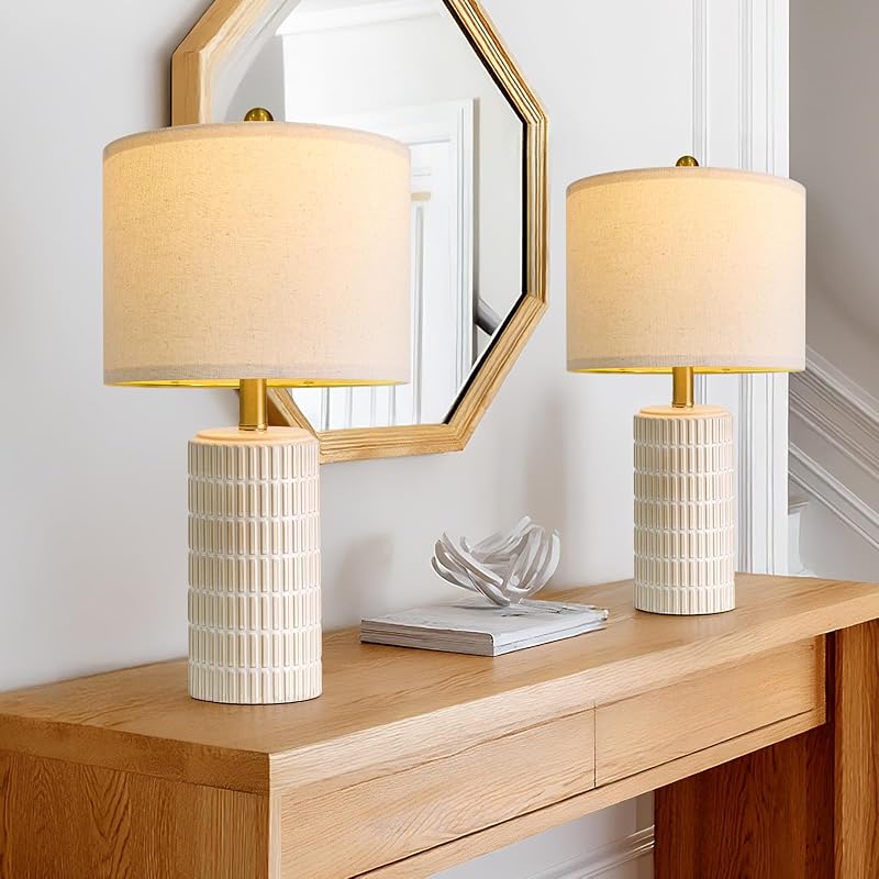 PoKat 20.75" Small Modern Ceramic Table Lamps Set of 2 for Bedroom, White - Table Lamps, product photo on a white background