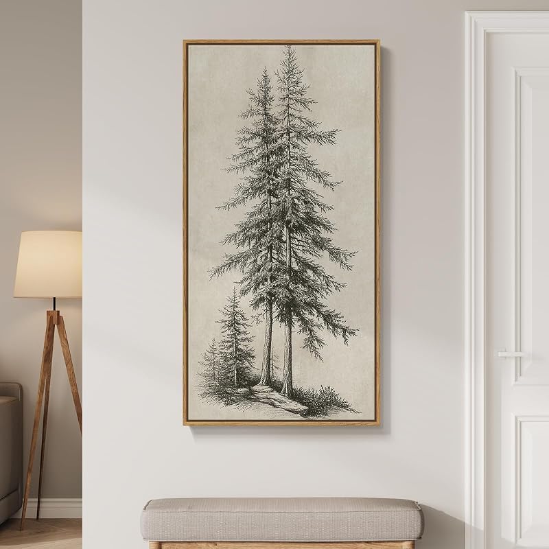 Framed Vertical Vintage Tree Sketch Wall Art for Living Room, 20x40 Inch - Wall Art, product photo on a white background