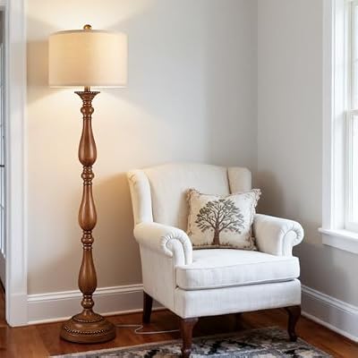 PARTPHONER Vintage Floor Lamp for Living Room, Rustic Farmhouse Standing Lamp with Rotary Switch and Linen Shade, Retro Resin Floor Lamp for Bedroom, Corner, Dining Room, House Decor, Wood Grain - image 2 of 4